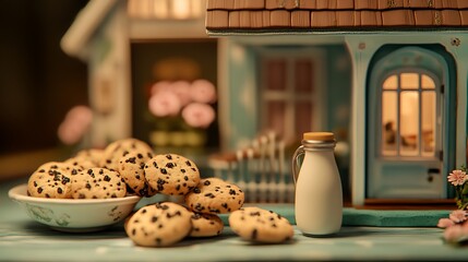 A playful scene of mini cookies and tiny milk bottle in a dollhouse setting