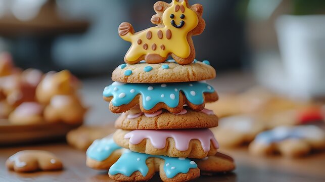 A playful stack of cookies shaped like animals with icing details - Powered by Adobe