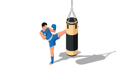 Isometric boxer kicking punching bag in blue gear on white background