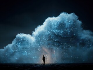 Silhouette of person before massive glowing circuit board cloud
