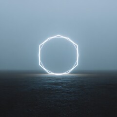 Bright glowing polygonal ring abstractly hovering over dark empty field