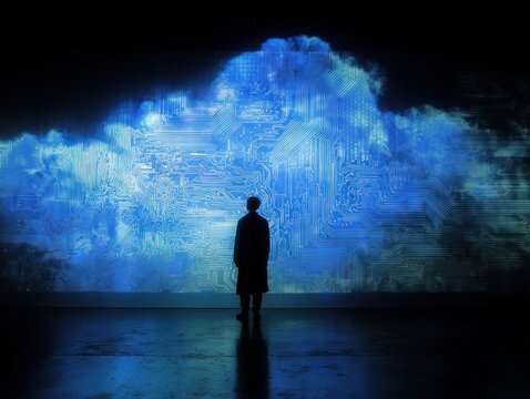 Silhouette of person facing large glowing blue digital cloud circuit board - Powered by Adobe