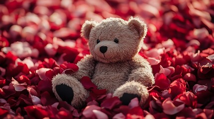 A plush teddy bear sitting on a cozy bed of rose petals
