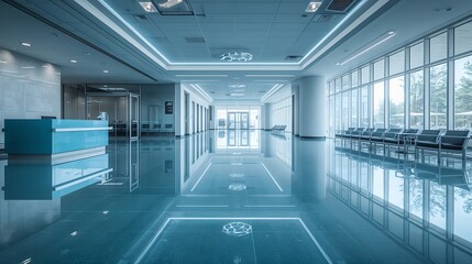 Obraz premium An empty, modern interior design reception hall bathed in a cool, calming blue light, with polished floors reflecting the clean lines and contemporary aesthetics. 