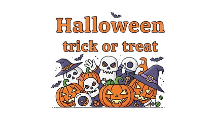 Halloween trick or treat illustration with pumpkins and ghosts