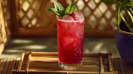 A pomegranate soda in a clear glass with fresh mint on a bamboo tray