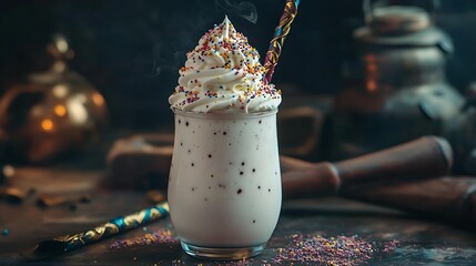 A potion like milkshake with whipped cream resting beside a wizard's staff