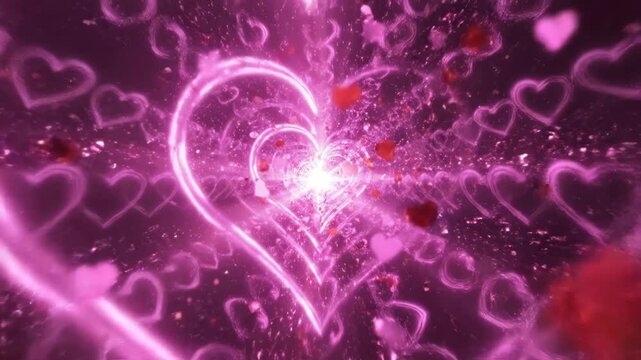 Abstract tunnel of glowing pink neon hearts creating a romantic and energetic vortex effect for valentines day celebration