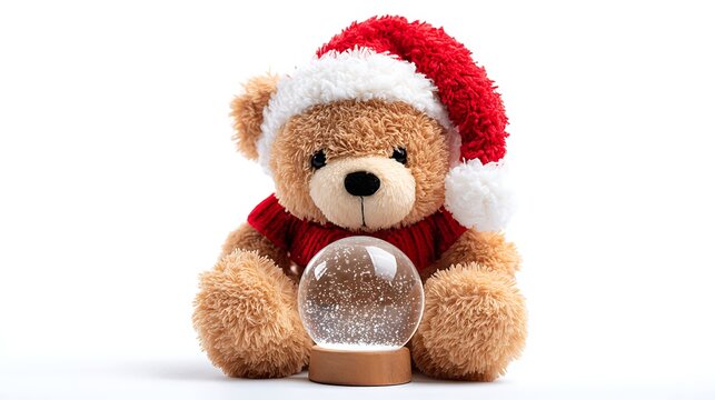 Teddy bear wearing a santa hat holding a snow globe on white background