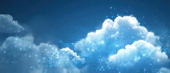 Digital circuit lines overlay glowing white clouds against a dark blue sky.