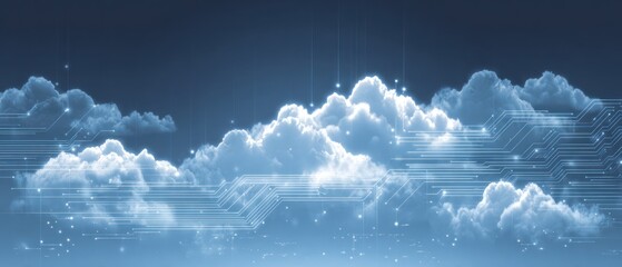 Digital circuit lines overlay bright white clouds against a dark sky.