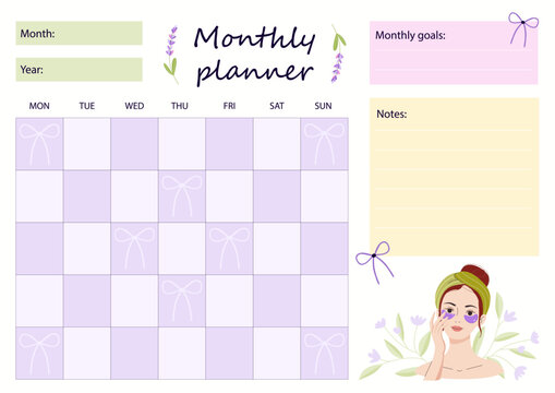 Monthly planner with calendar grid, goals and notes area. Vector for long-term planning, productivity systems, digital planners, printable calendars, personal organization
