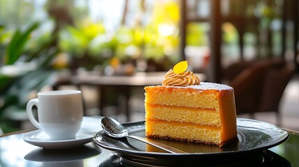 A premium saffron and honey cake set in an open air lounge with soft jazz playing