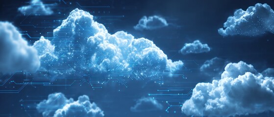 Digital circuit lines overlay glowing white clouds against dark sky