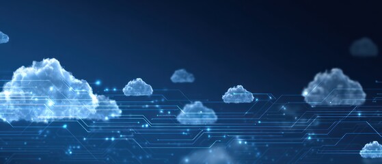 Digital clouds and glowing circuit lines against a dark blue background.