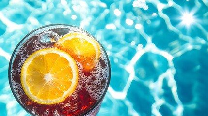 A premium soda with citrus slices infinity pool background