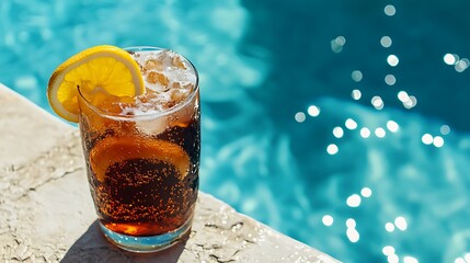 A premium soda with citrus slices infinity pool background