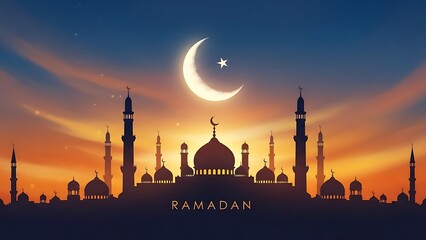 Silhouette of mosque and minarets against a dramatic sunset sky