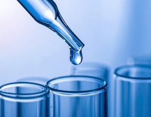 A clear glass pipette releases a droplet into test tubes in a laboratory setting, all bathed in cool, blue lighting