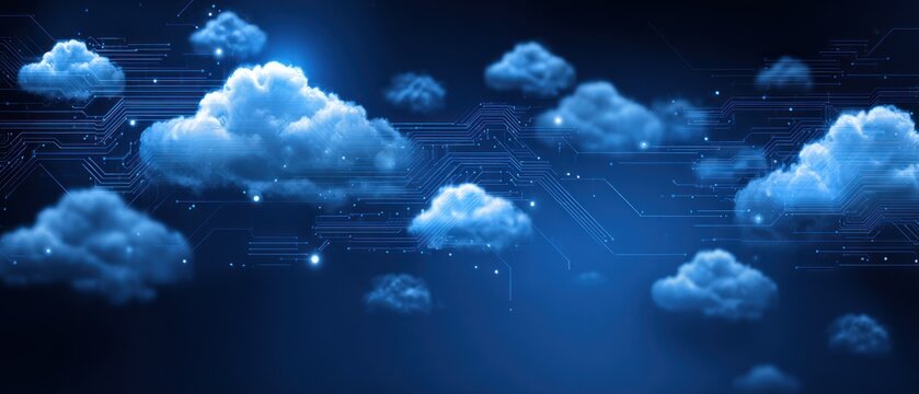 Digital circuit lines overlay glowing clouds in a dark blue sky. - Powered by Adobe