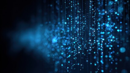 Abstract blue digital data stream with binary code and bokeh lights.