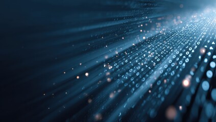 Abstract digital data stream with light rays and bokeh effects.