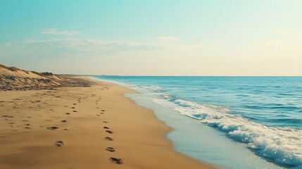 A pristine sandy beach with footprints turquoise ocean waves bright clear sky peaceful atmosphere