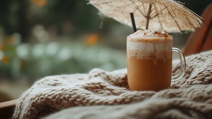 A pumpkin chai milkshake under a rustic burlap umbrella surrounded by cozy blankets