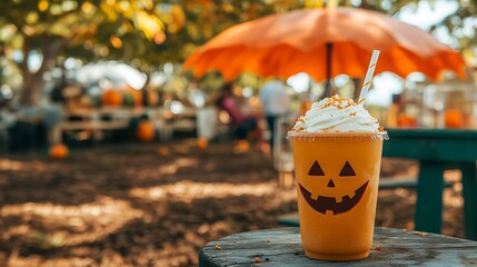 A pumpkin latte milkshake under a pumpkin shaped umbrella in farm festival