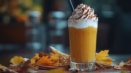 A pumpkin milkshake with whipped cream cinnamon and autumn leaves decor