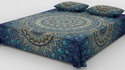 Bohemian style bedding with mandala pattern in blue and gold tones