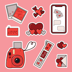 Set of Valentine's Day vector stickers elements. Hand drawn decorative elements collection of hearts, love letters, photocards and camera. 14 February design concept.