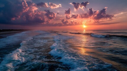 A scenic view of the ocean waves crashing on the shore during a vibrant sunset with colorful clouds