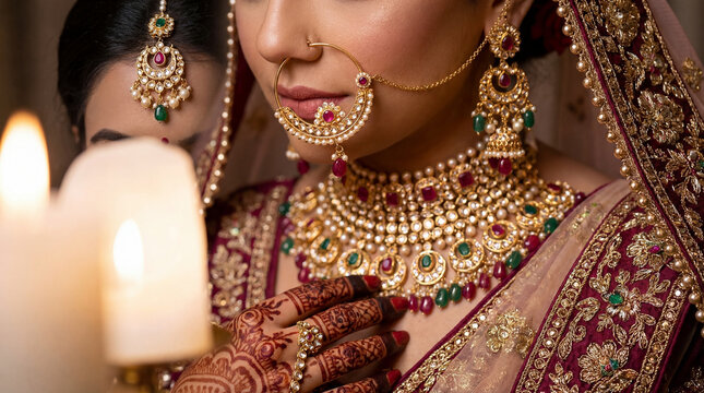 Macro Shot of Indian Bridal Jewelry Featuring Nose Ring (Nath)