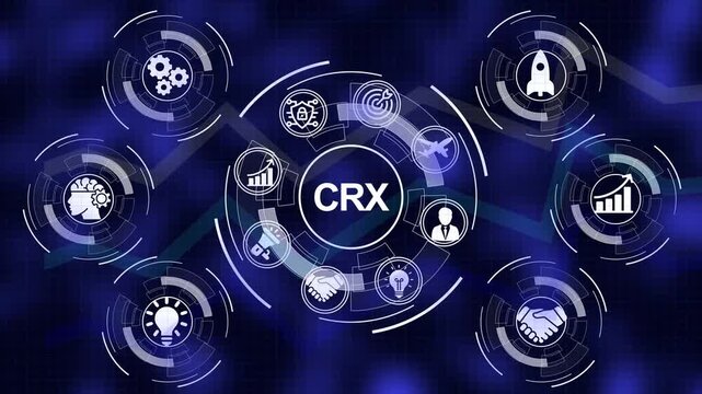 Digital network of business icons and the acronym CRX in a central circle against a dark blue grid background with glowing lines