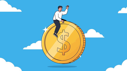 Cartoon of a young entrepreneur sitting on a big golden coin with blue sky background. Concept for wealth creation, successful investment, and financial freedom