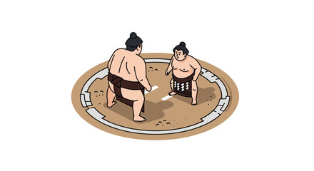 Dynamic sumo wrestlers in traditional ring depicted in isometric style