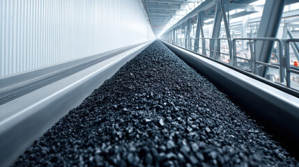 A close-up of a coal conveyor belt system transporting black coal in a large industrial setting.