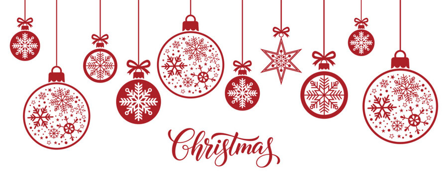 Elegant Christmas background with hanging red baubles and star ornaments filled with snowflakes on white, minimalist winter holiday greeting card or web banner design for seasonal celebrations and de - Powered by Adobe