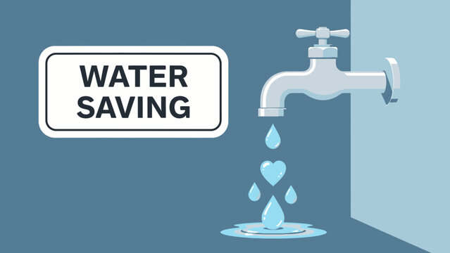 Illustration of a faucet with water drops and a sign saying "Water Saving". concept for environmental conservation, water management, and sustainability