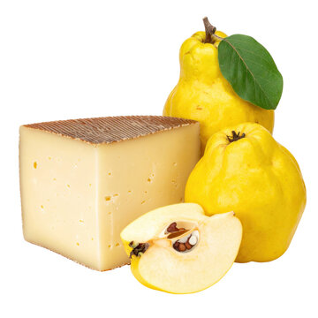 Classic spanish pairing of manchego cheese and membrillo quince jelly, elegantly isolated on a white background