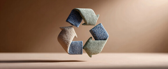 3D textured recycling symbol with fabric-like arrows floating over neutral background representing sustainability and environmental awareness