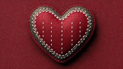 Close up of a red leather heart with stitching on a matching leather background texture detail