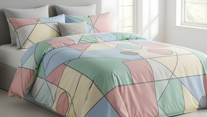 Comfortable bed with pastel colored geometric patterned bedding in a bright bedroom