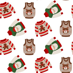 Seamless flat pattern of colorful ugly Christmas sweaters. bear, santa claus, gingerbread man. Decorative background with holiday motifs for holiday printing on textiles or gift wrapping paper