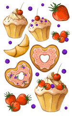 Set of cupcakes, cakes, berries, cookies, strawberries, croissants 
