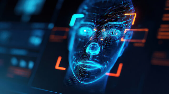 A close-up of a futuristic face recognition interface, showcasing digital scanning and biometric technology in action.