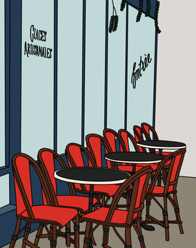 Vector Illustration of a Cozy Cafe with Chairs and Tables on a Parisian Street in France. European Traveling Architecture Landmark Cityscape