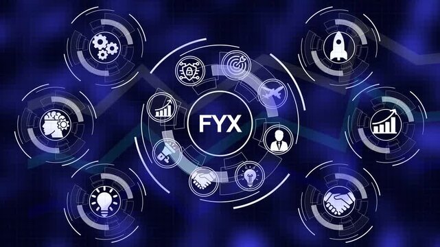 Digital network of business icons and the acronym FYX in a central circle against a dark blue grid background with glowing lines