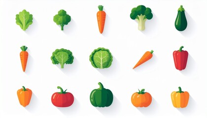 Assortment of various cartoon vegetables for health and nutrition concepts, recipes, menus, childrens education, and cooking courses promotion.